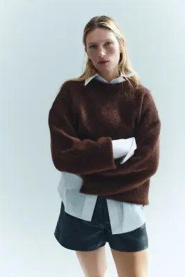 Pull oversize en mohair mélangé - Marron foncé — photo 1