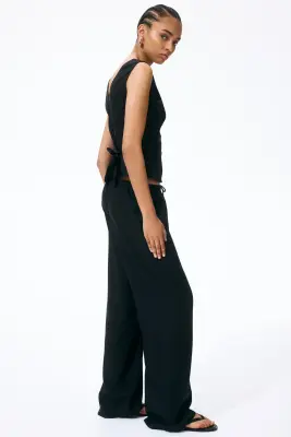Pantalon à cordon en lin mélangé - Noir — photo 1