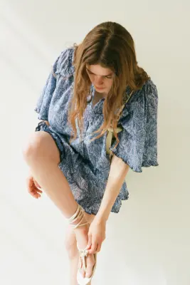 Blouse ruchée en coton - Bleu/motif cachemire — photo 3