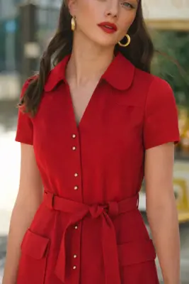 Paris Belted Dress - Dark red — photo 4
