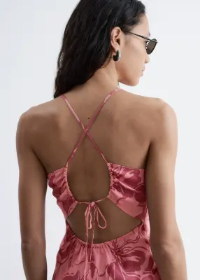 Robe combinaison midi en satin - Motif floral rose — photo 5