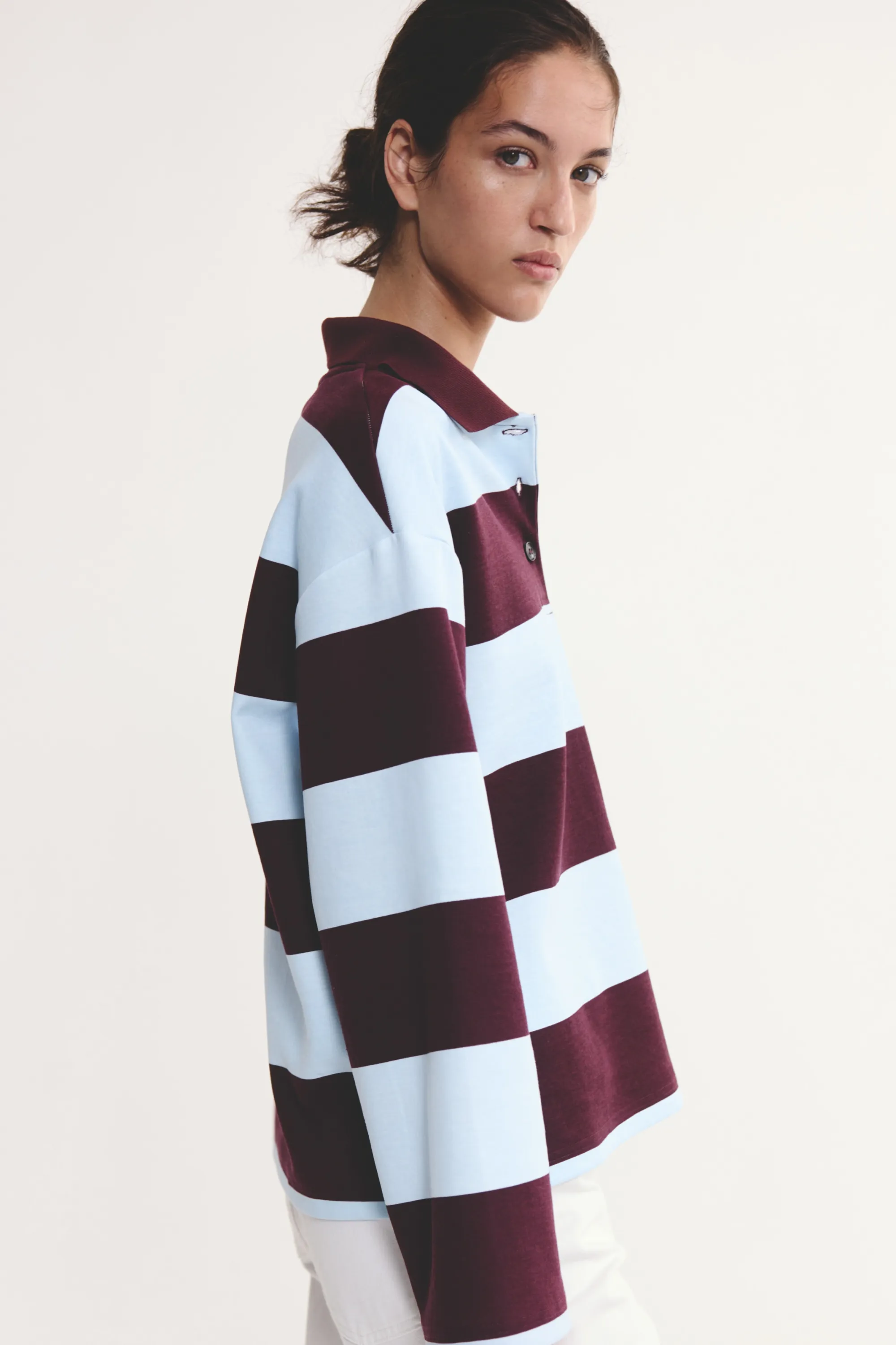 Polo en coton mélangé - Bleu clair/rayures bordeaux