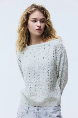 Pull épaules nues en maille pointelle - Gris clair — photo 1