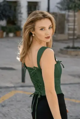 Jeanette Linen Corset Top - Green — photo 2