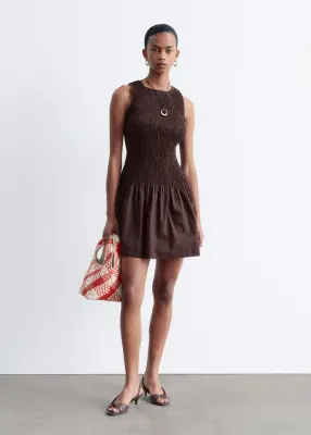 Robe courte à smocks en popeline de coton - Marron foncé — photo 2
