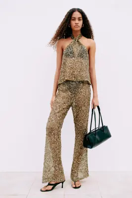 Top filet à sequins avec dos nu - Vert kaki foncé — photo 2