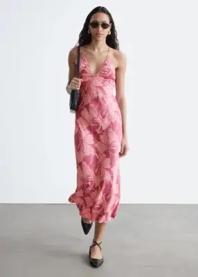 Robe combinaison midi en satin - Motif floral rose — photo 2