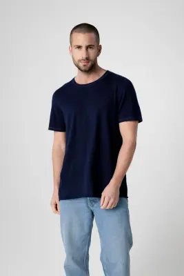 T-shirt Marine Col Rond Manches Courtes en Cachemire — photo 3