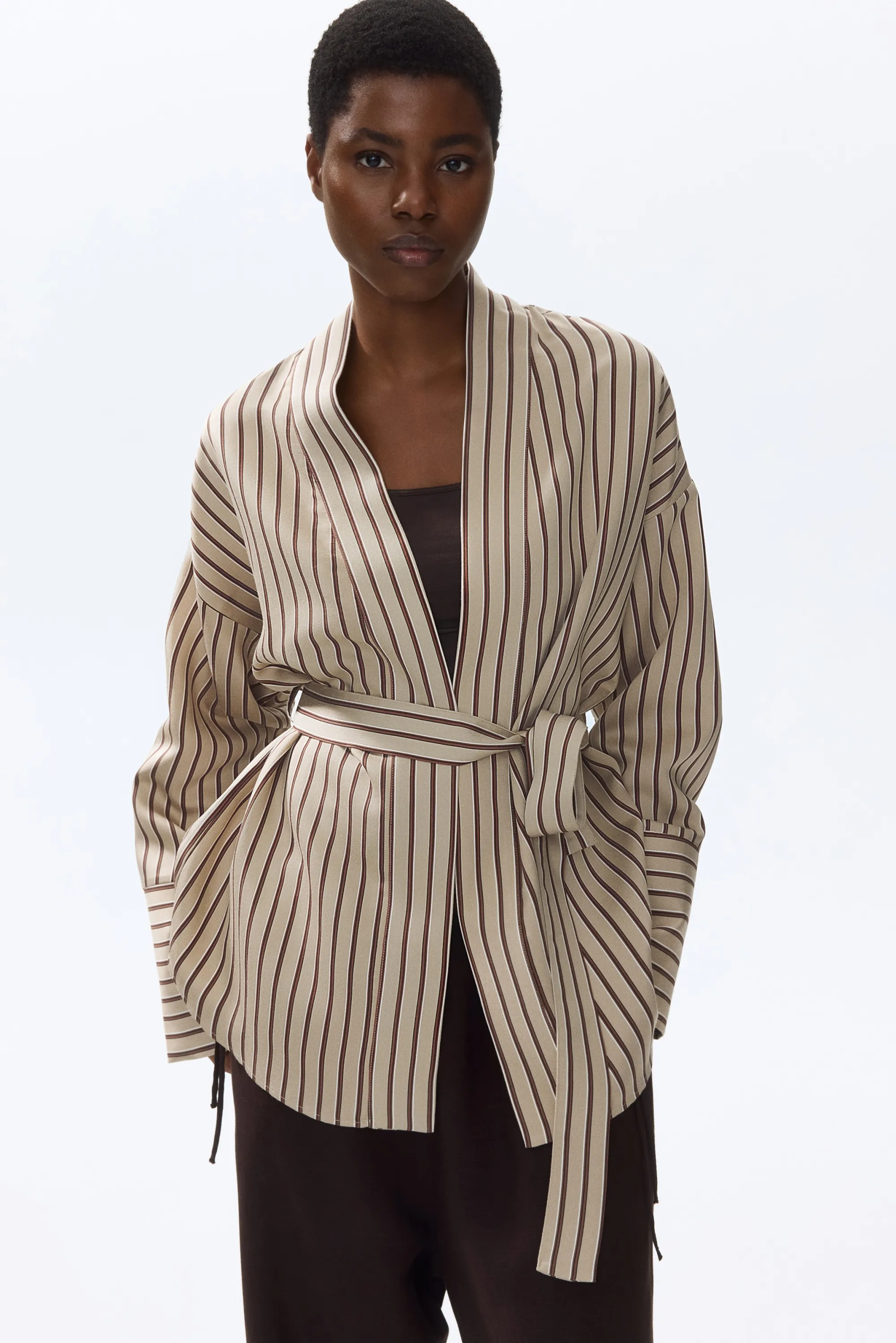 Top croisé avec ceinture à nouer - Beige/rayé