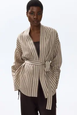 Top croisé avec ceinture à nouer - Beige/rayé — photo 1
