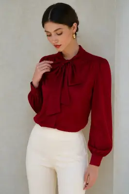 Lena Silk Bow Blouse - Bordeaux — photo 1