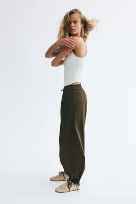 Pantalon à jambes ballon en popeline - Vert kaki foncé — photo 3