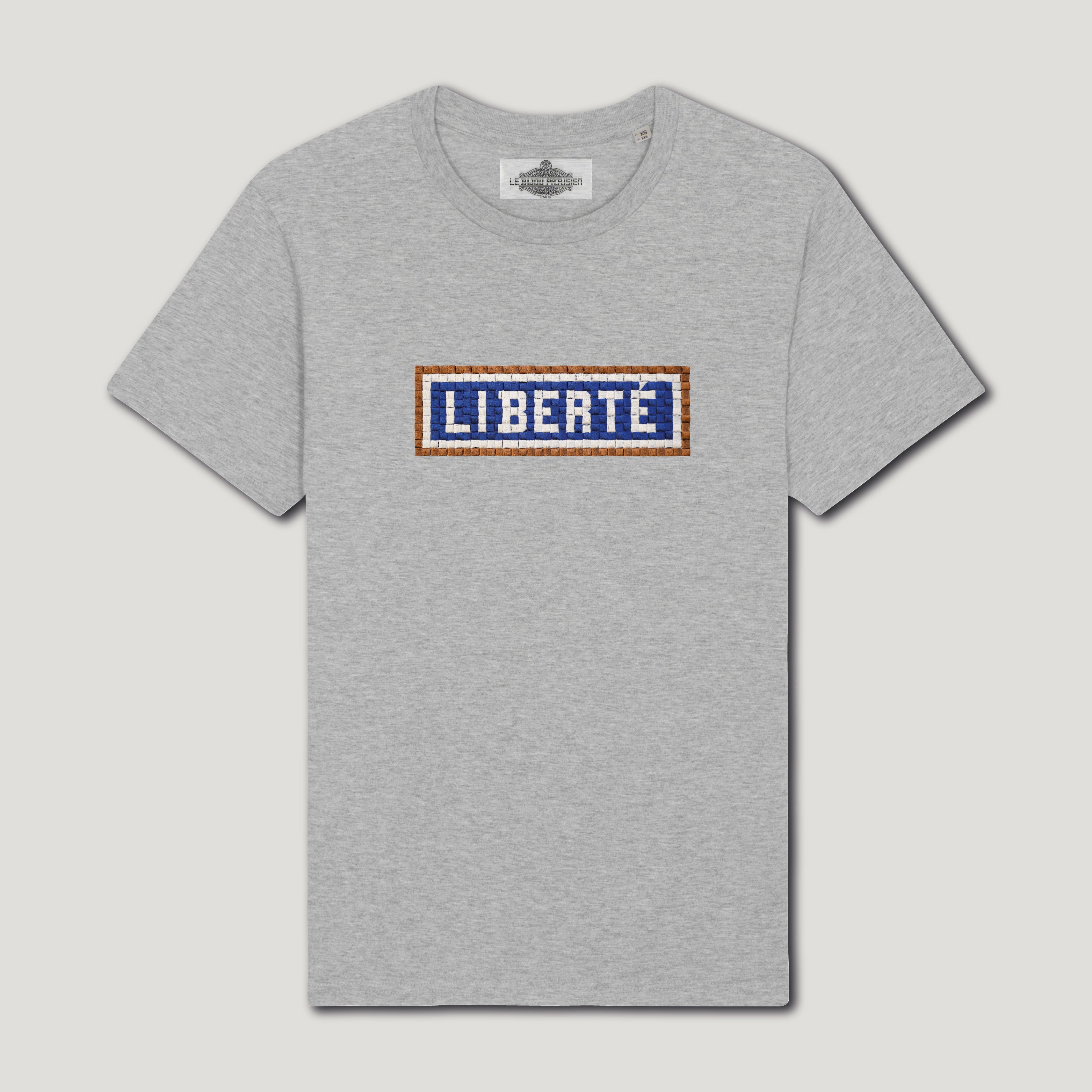 T-SHIRT COTON BIO BRODÉ - LIBERTÉ - GRIS