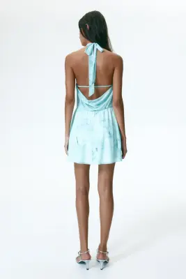 Robe dos nu avec encolure bénitier - Turquoise/fleuri — photo 2