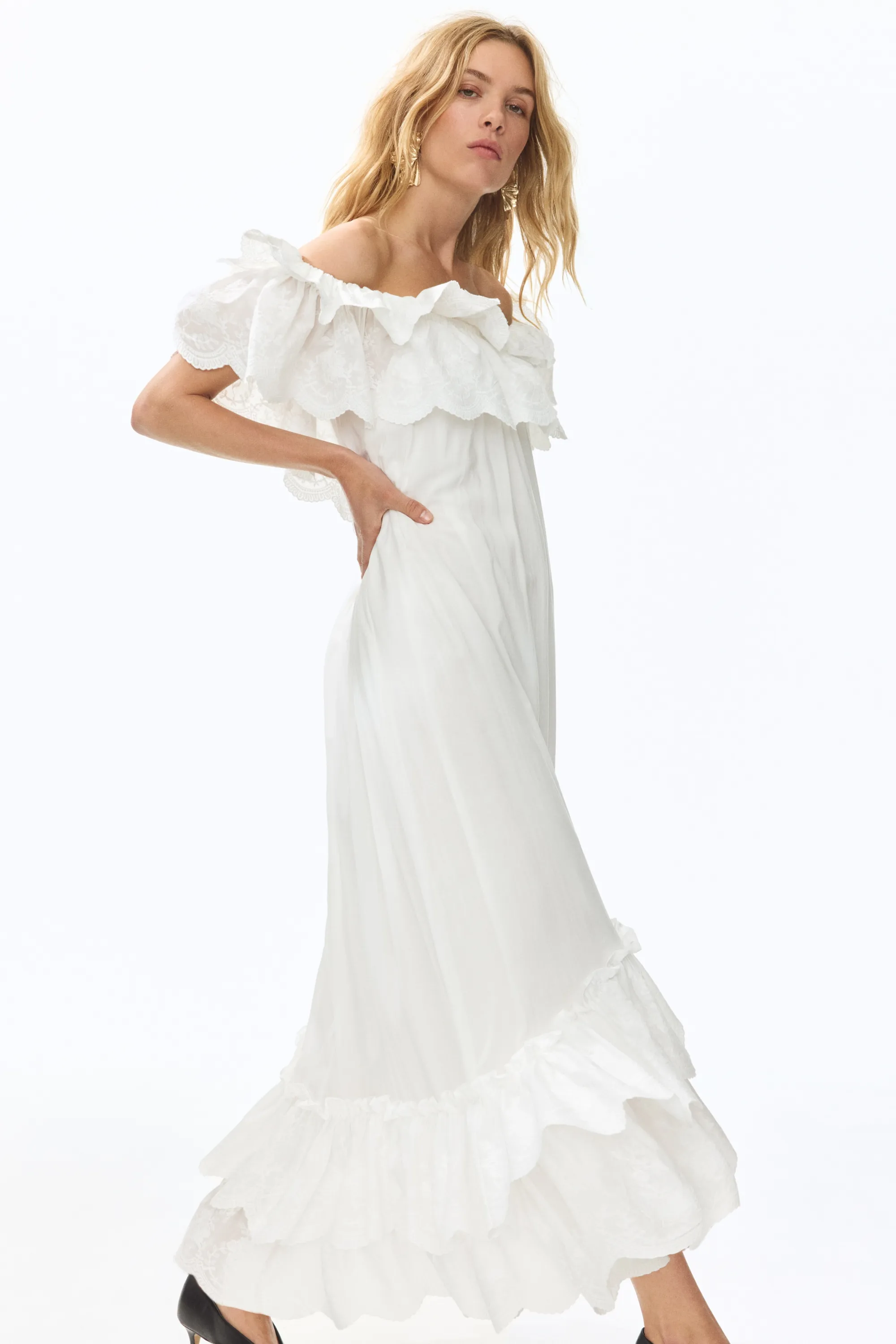 Robe épaules nues volantée - Blanc