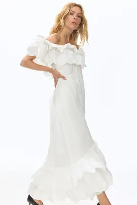 Robe épaules nues volantée - Blanc — photo 1