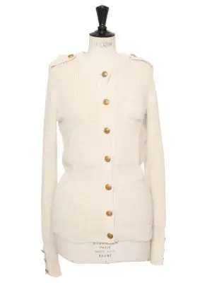 Gilet cardigan col rond en laine épaisse d'alpaga blanc crème et boutons dorés Prix boutique 1600€ Taille S — photo 1