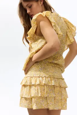 Mini jupe-short à étages en viscose - Jaune/fleuri — photo 2