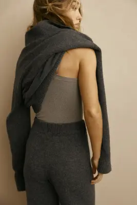 Pull façon polo en maille torsadée - Gris foncé chiné — photo 4