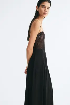 Robe bi-matière à bretelles fines - Noir — photo 3