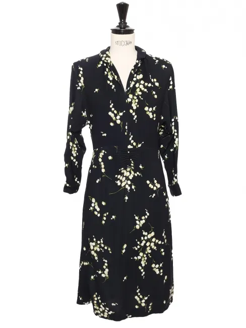 Robe en crèpe noir imprimé muguet vert et blanc Prix Boutique 2000€ Taille XS/S