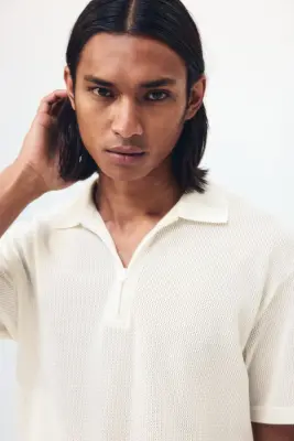 Polo Regular Fit en maille ajourée - Crème — photo 2
