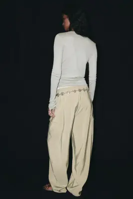 Pantalon en viscose mélangée avec taille élastique - Vert kaki clair — photo 2