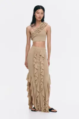Crop top asymétrique à volants ruchés - Beige — photo 2