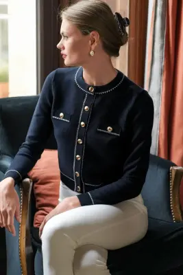 Lillianna Short Cardigan - Navy with cream — photo 3