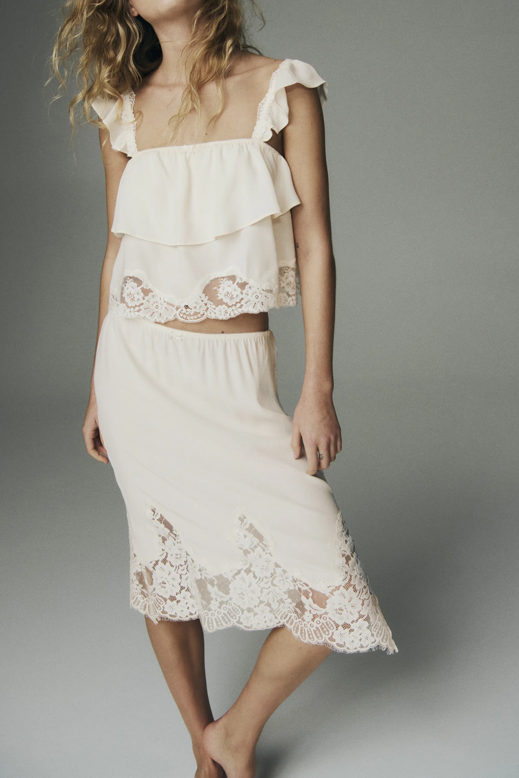 Jupe en viscose avec dentelle - Crème