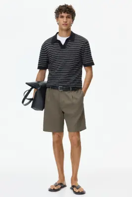 Polo Regular Fit en lin mélangé - Noir/rayé — photo 2