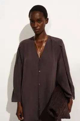 ROBE MIDI EN SOIE FRONCÉE - BRUN — photo 3