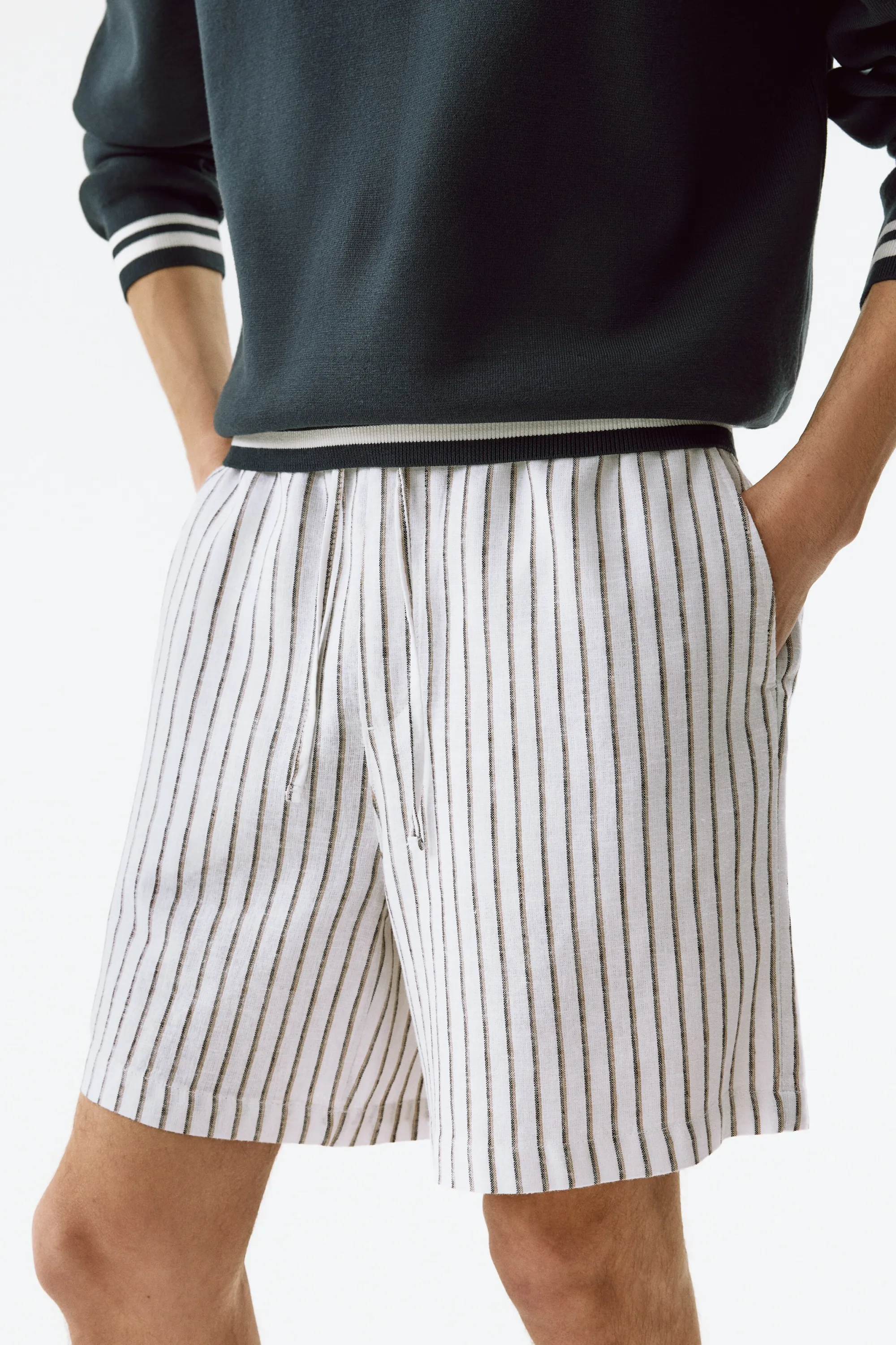 Short Relaxed Fit en lin mélangé - Blanc/rayé