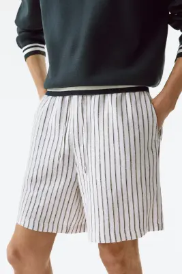 Short Relaxed Fit en lin mélangé - Blanc/rayé — photo 1