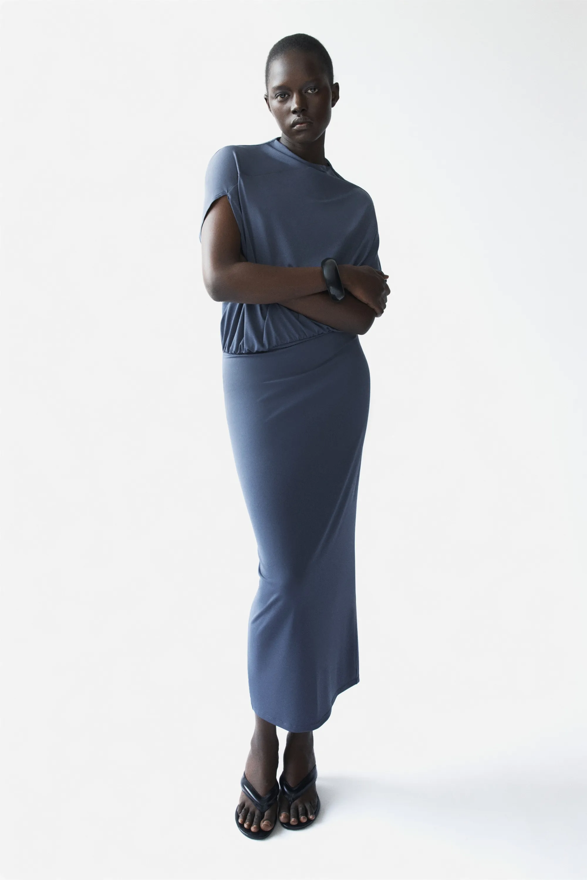 Robe asymétrique à effet drapé - Bleu foncé