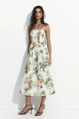 Robe midi à bretelles fines - Blanc/pêches — photo 2