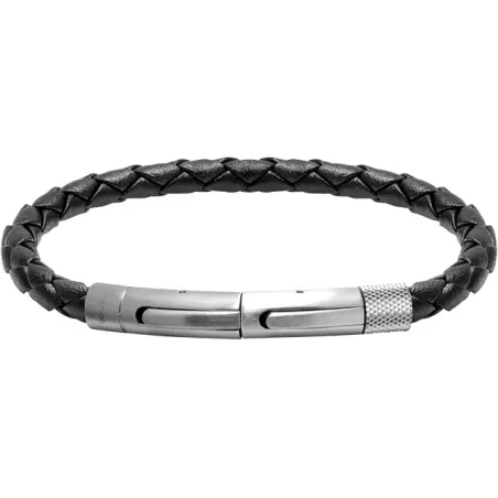 ROCHET - Bracelet Driver 45mm acier brossé et cuir tressé 5mm noir HB145001