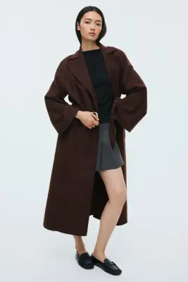 Manteau maxi avec ceinture - Marron foncé — photo 1