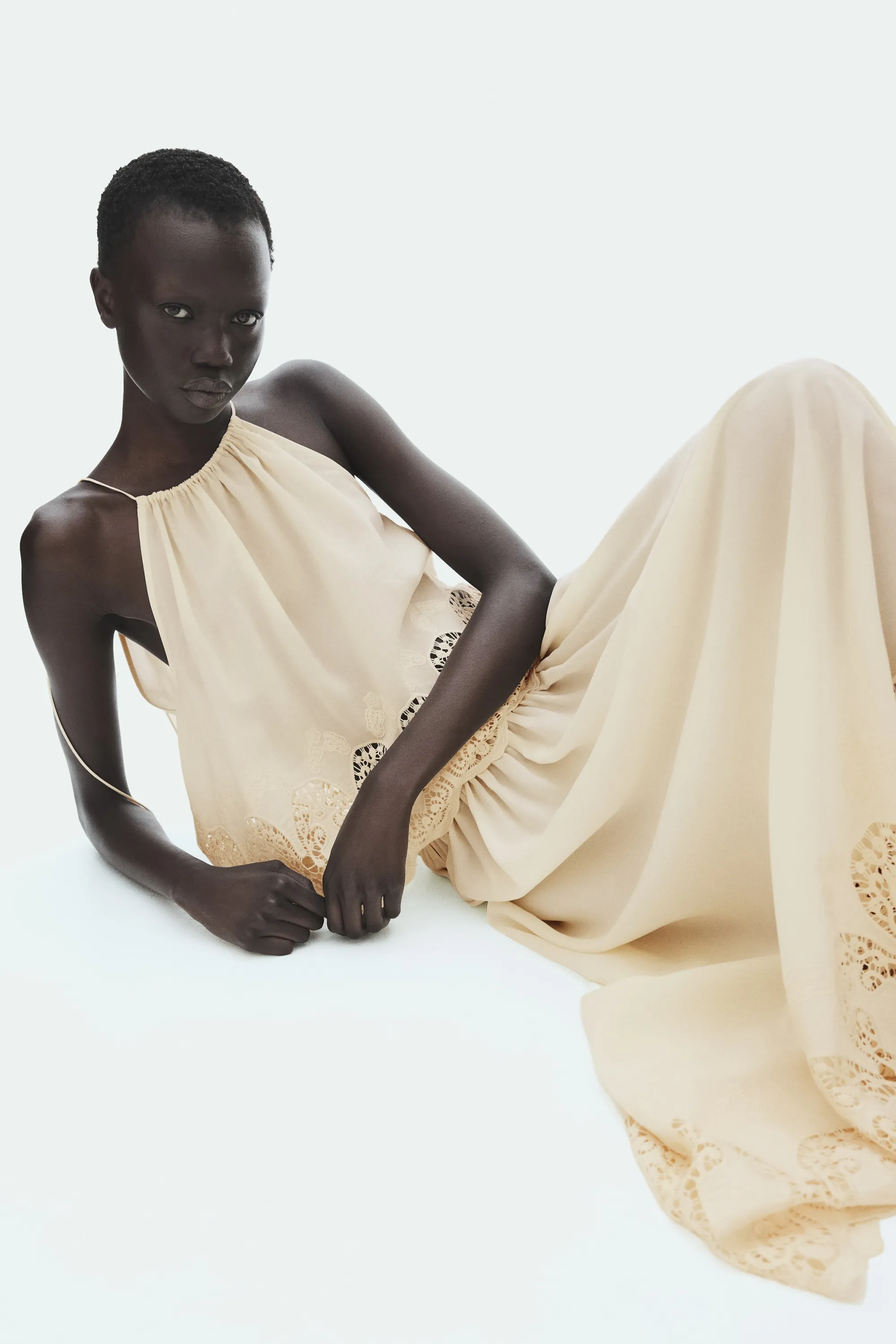 Top en lyocell avec dentelle - Beige clair