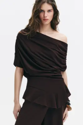 Top asymétrique à effet drapé - Marron foncé — photo 1