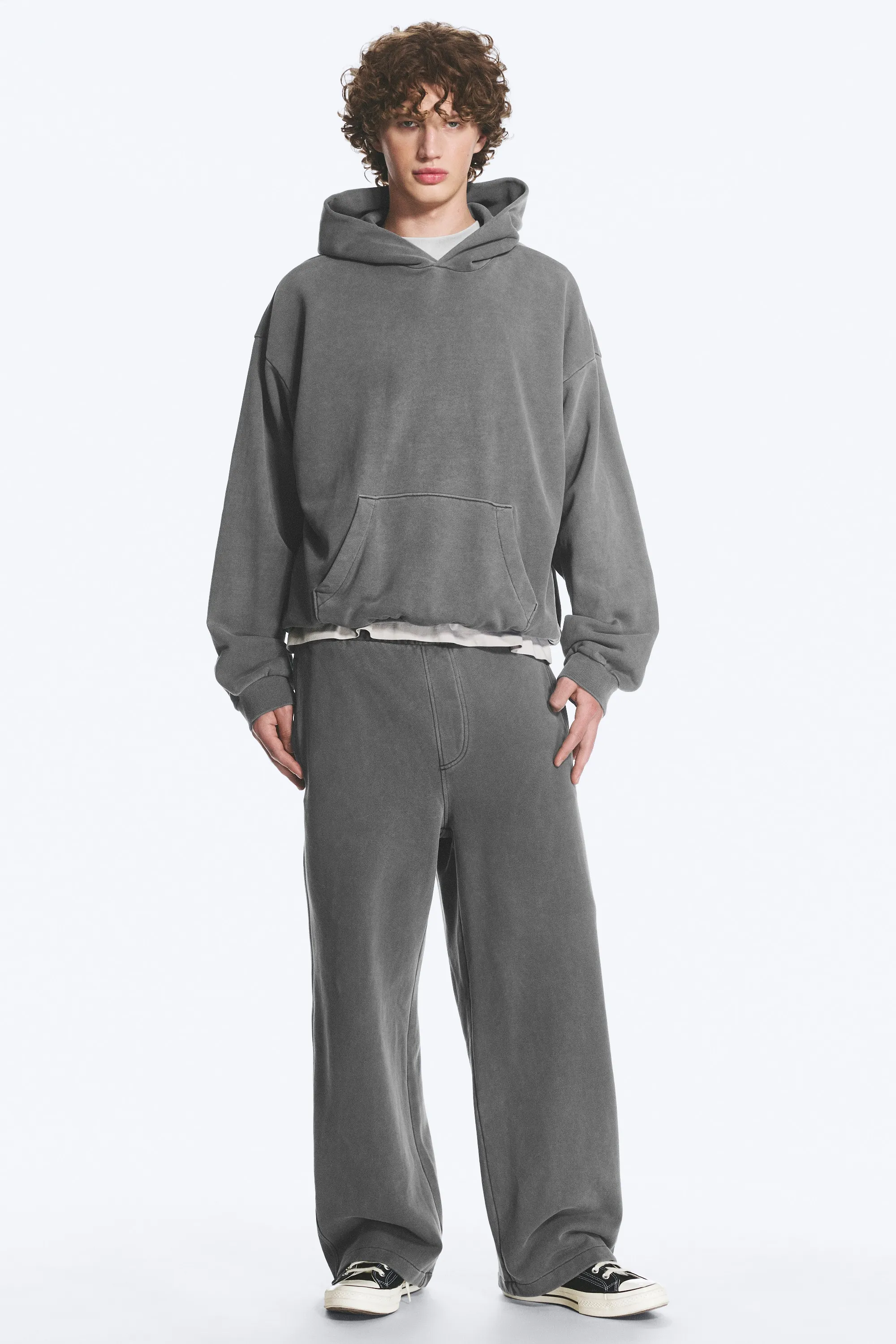 Sweat à capuche ample en coton lourd - Gris délavé