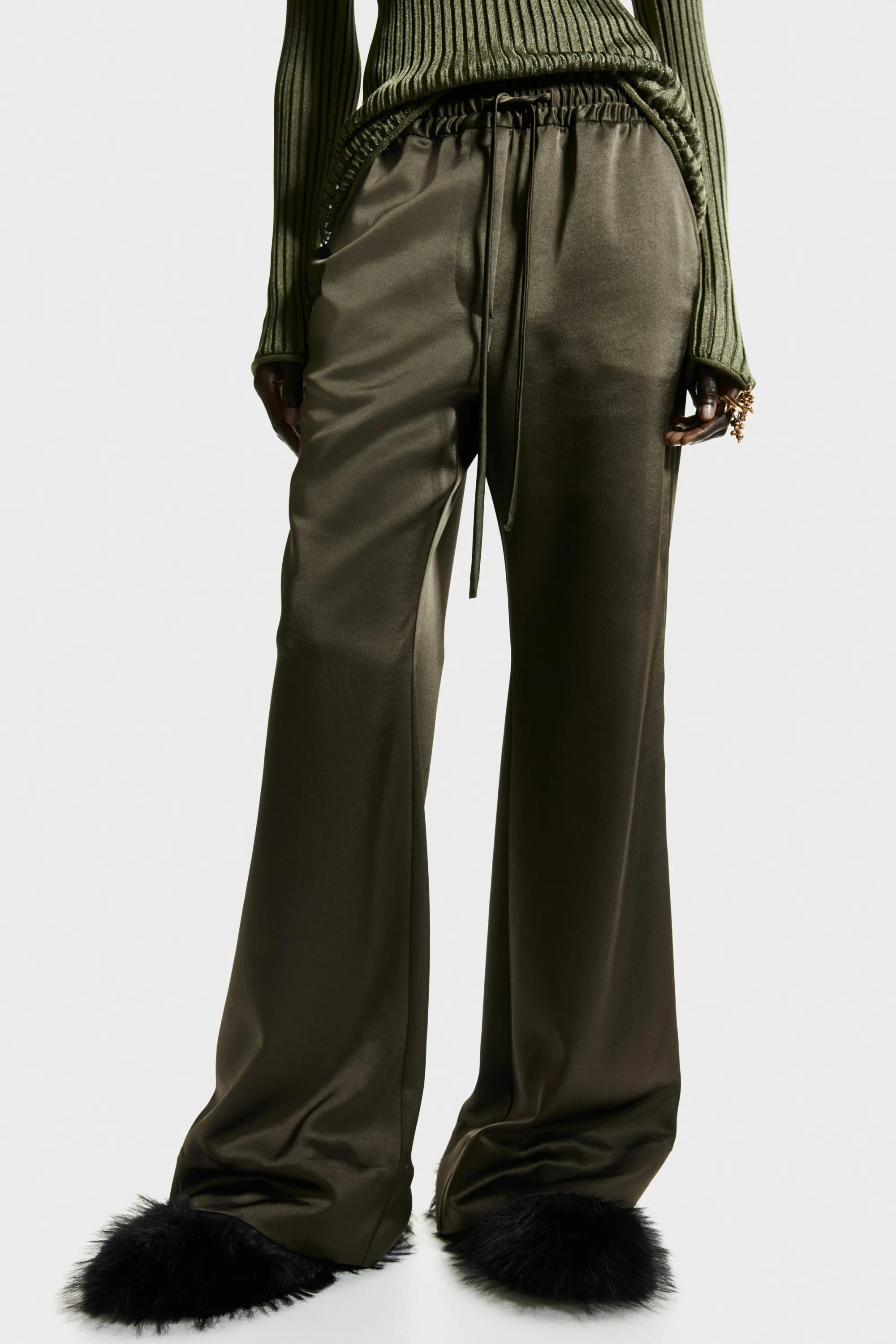 Pantalon évasé en satin - Vert foncé