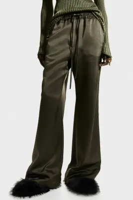 Pantalon évasé en satin - Vert foncé — photo 1