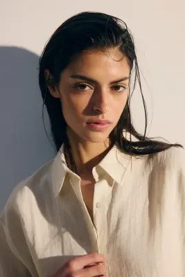 Chemise de plage avec broderie anglaise - Crème — photo 1