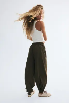 Pantalon à jambes ballon en popeline - Vert kaki foncé — photo 2