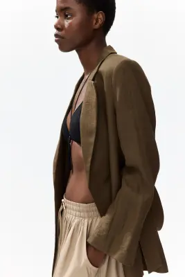 Blazer en tissu texturé avec ceinture à nouer - Vert kaki foncé — photo 3