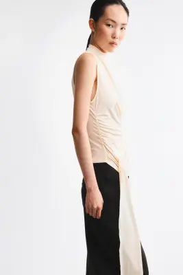 Top en jersey avec panneau drapé - Beige clair — photo 3
