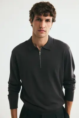 Polo Regular Fit à col zippé en laine mérinos - Gris foncé — photo 2