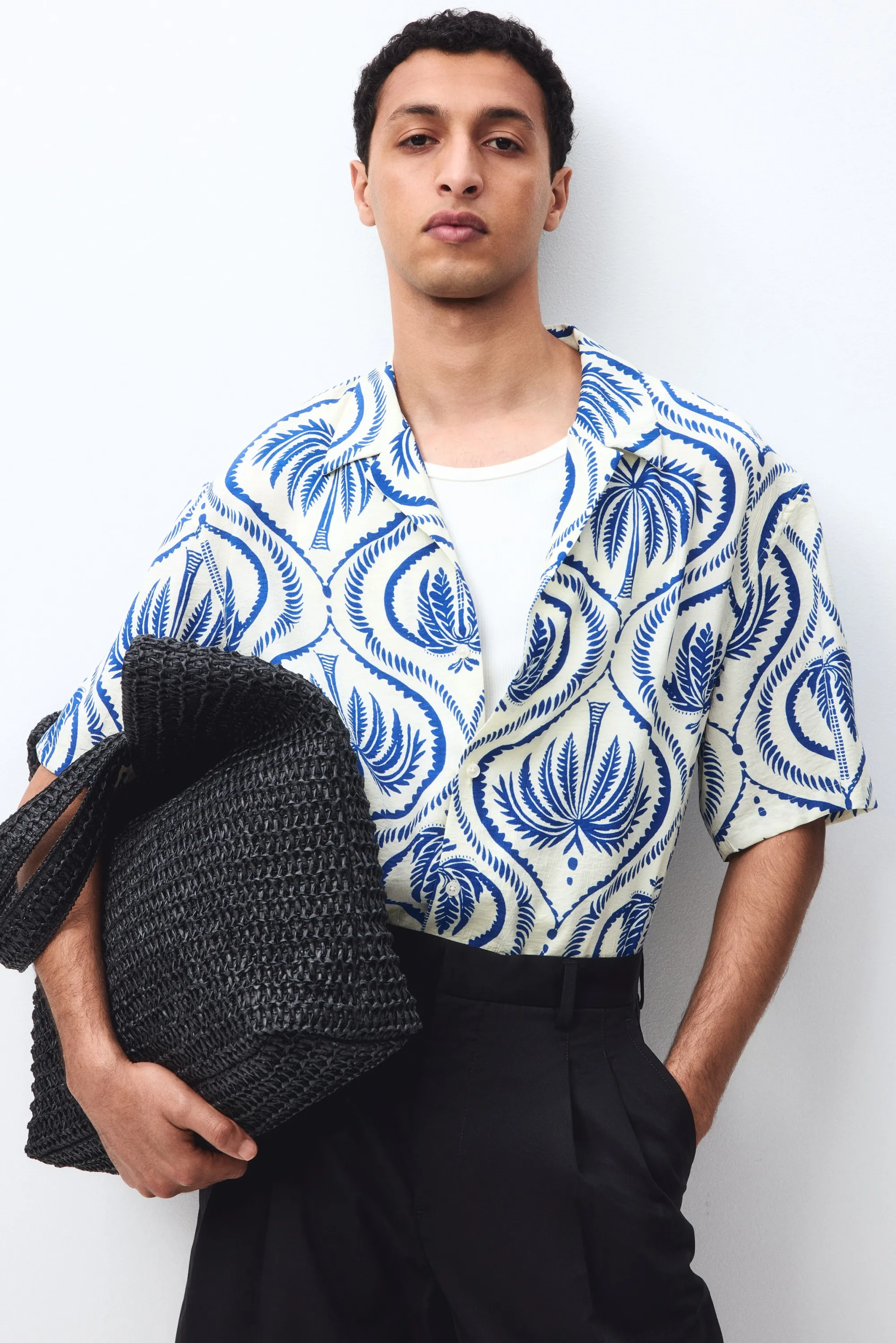 Chemise Relaxed Fit à col cubain - Blanc/motif