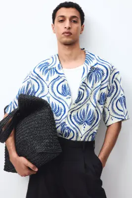 Chemise Relaxed Fit à col cubain - Blanc/motif — photo 1